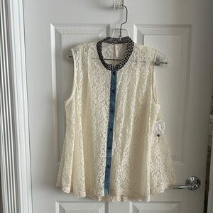 Free People Cream Lace Sleeveless Top with denim collar and placket